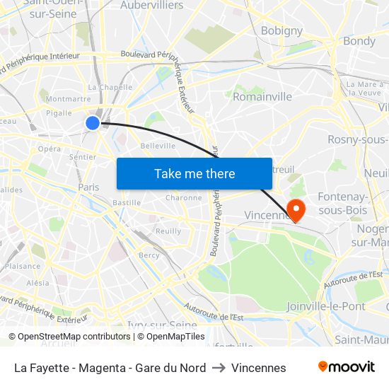 La Fayette - Magenta - Gare du Nord to Vincennes map
