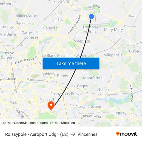 Roissypole - Aéroport Cdg1 (E2) to Vincennes map