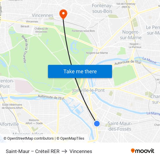 Saint-Maur – Créteil RER to Vincennes map