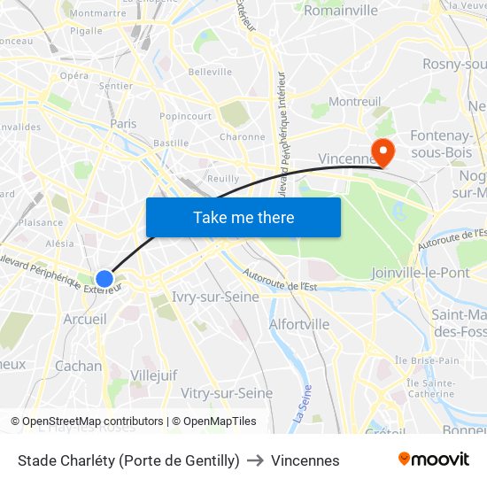 Stade Charléty (Porte de Gentilly) to Vincennes map