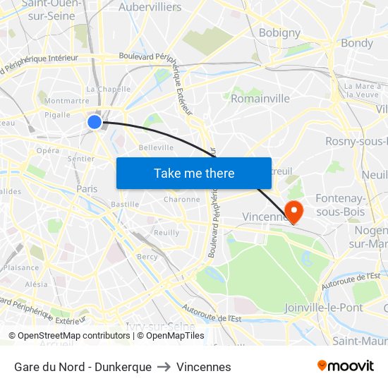 Gare du Nord - Dunkerque to Vincennes map
