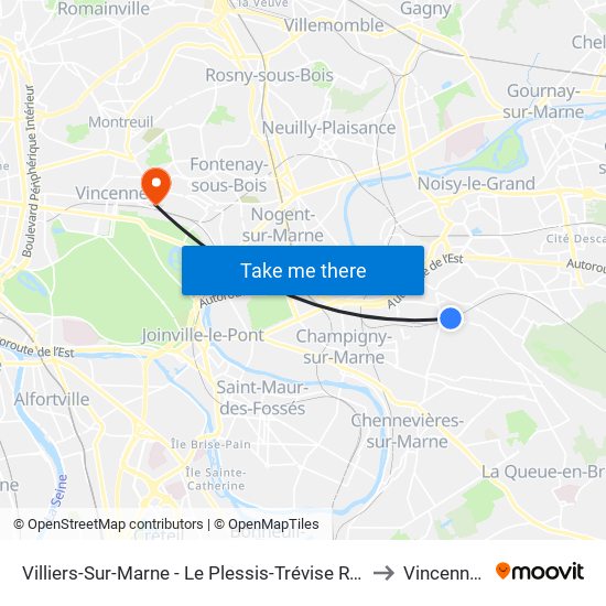 Villiers-Sur-Marne - Le Plessis-Trévise RER to Vincennes map