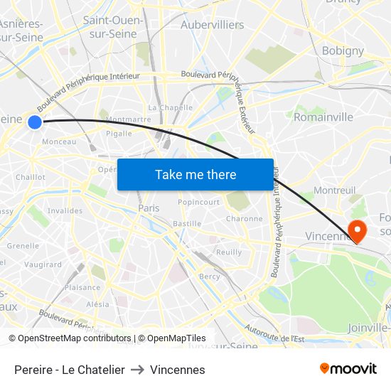 Pereire - Le Chatelier to Vincennes map
