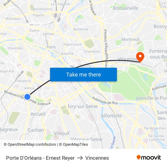 Porte D'Orléans - Ernest Reyer to Vincennes map
