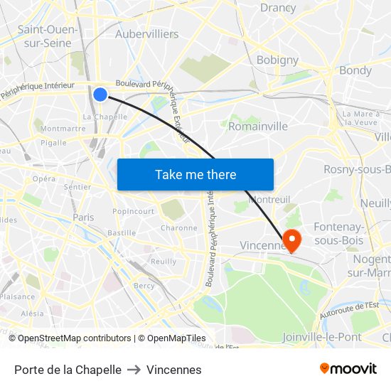 Porte de la Chapelle to Vincennes map