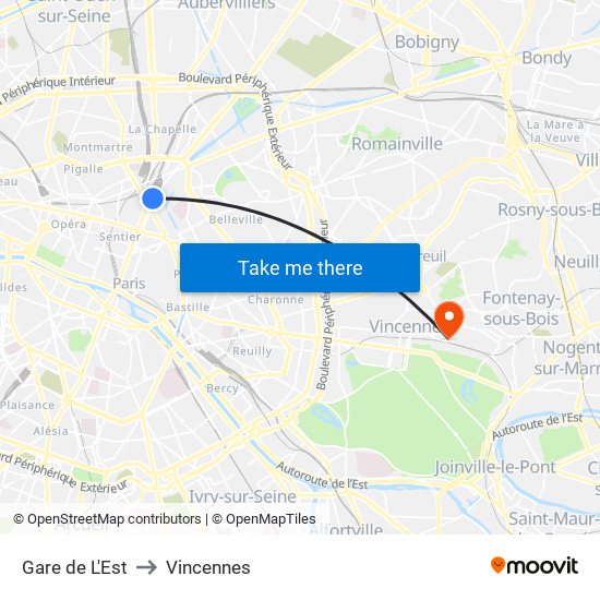 Gare de L'Est to Vincennes map