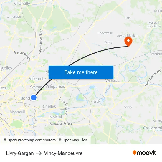 Livry-Gargan to Vincy-Manoeuvre map