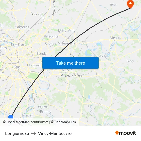 Longjumeau to Vincy-Manoeuvre map
