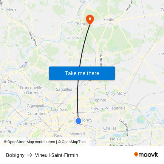 Bobigny to Vineuil-Saint-Firmin map