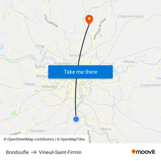 Bondoufle to Vineuil-Saint-Firmin map