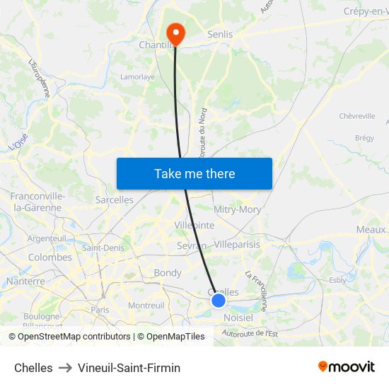 Chelles to Vineuil-Saint-Firmin map