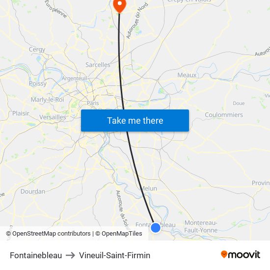 Fontainebleau to Vineuil-Saint-Firmin map