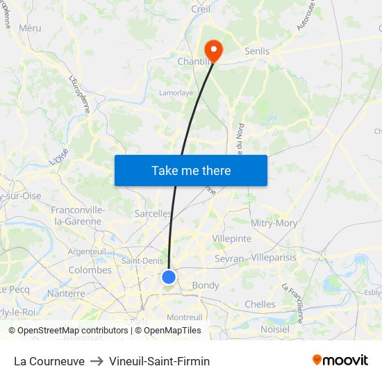 La Courneuve to Vineuil-Saint-Firmin map