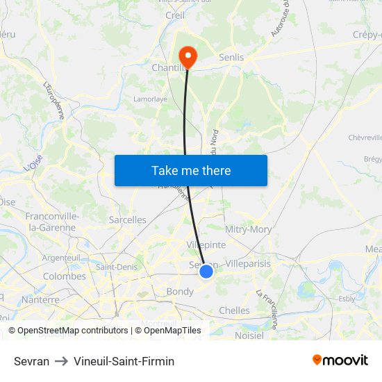 Sevran to Vineuil-Saint-Firmin map