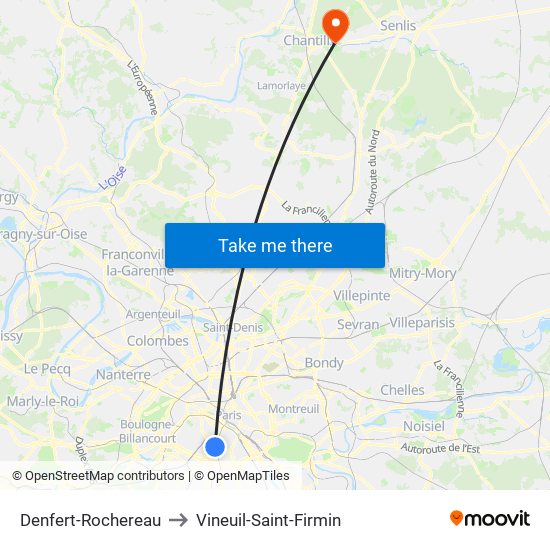 Denfert-Rochereau to Vineuil-Saint-Firmin map