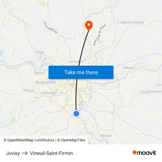 Juvisy to Vineuil-Saint-Firmin map