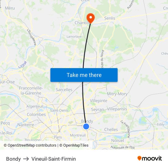 Bondy to Vineuil-Saint-Firmin map