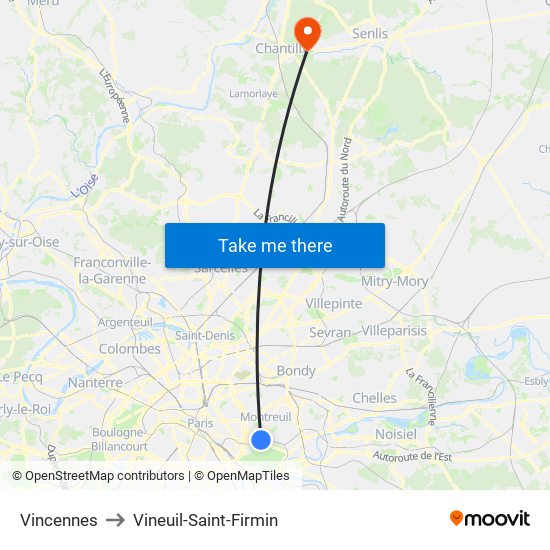 Vincennes to Vineuil-Saint-Firmin map