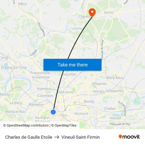 Charles de Gaulle Etoile to Vineuil-Saint-Firmin map