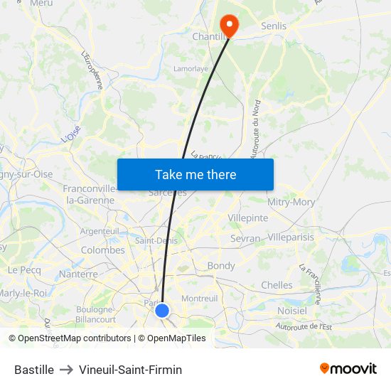 Bastille to Vineuil-Saint-Firmin map