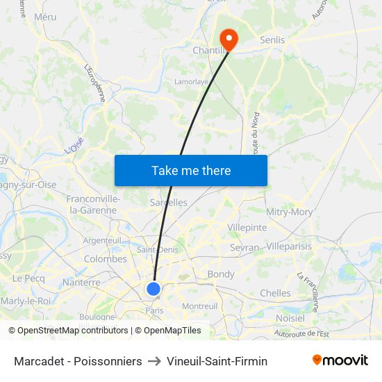 Marcadet - Poissonniers to Vineuil-Saint-Firmin map