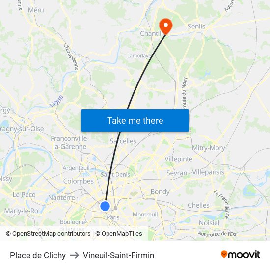 Place de Clichy to Vineuil-Saint-Firmin map