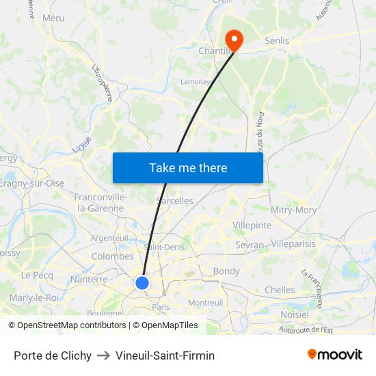 Porte de Clichy to Vineuil-Saint-Firmin map