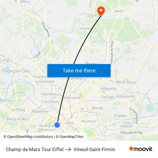 Champ de Mars Tour Eiffel to Vineuil-Saint-Firmin map