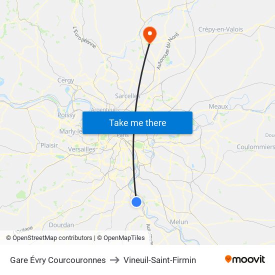 Gare Évry Courcouronnes to Vineuil-Saint-Firmin map