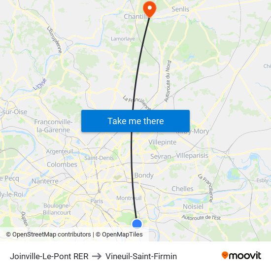 Joinville-Le-Pont RER to Vineuil-Saint-Firmin map