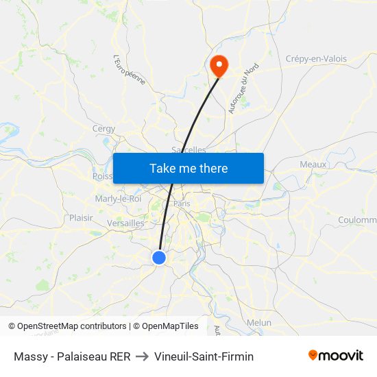 Massy - Palaiseau RER to Vineuil-Saint-Firmin map