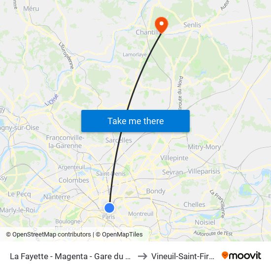 La Fayette - Magenta - Gare du Nord to Vineuil-Saint-Firmin map