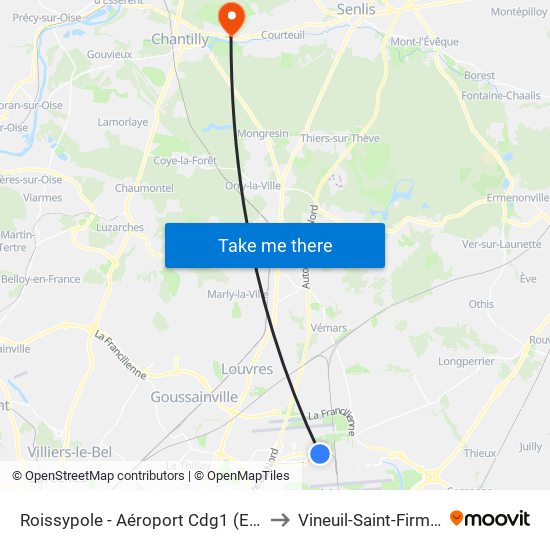 Roissypole - Aéroport Cdg1 (E2) to Vineuil-Saint-Firmin map