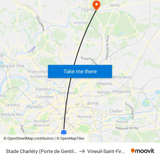 Stade Charléty (Porte de Gentilly) to Vineuil-Saint-Firmin map