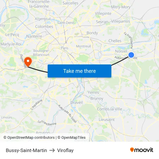 Bussy-Saint-Martin to Viroflay map