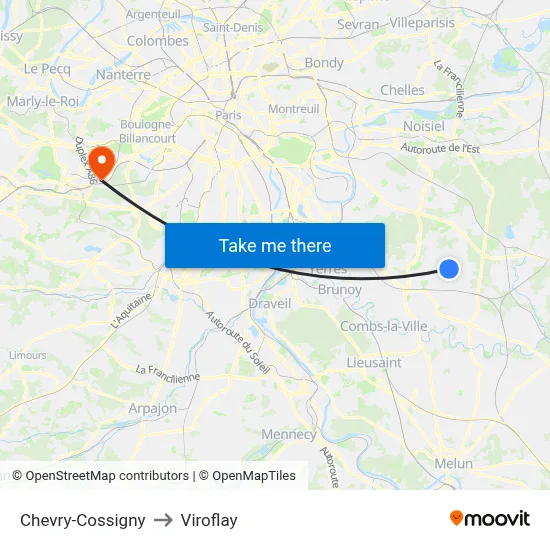 Chevry-Cossigny to Viroflay map