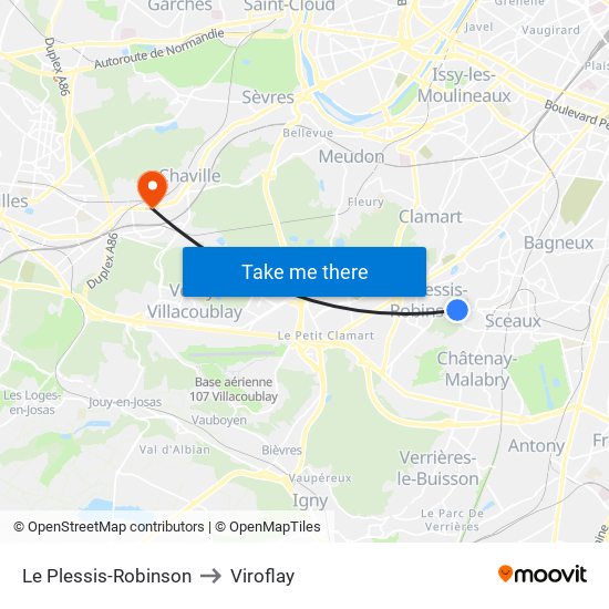Le Plessis-Robinson to Viroflay map