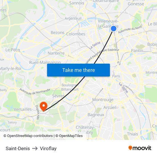 Saint-Denis to Viroflay map