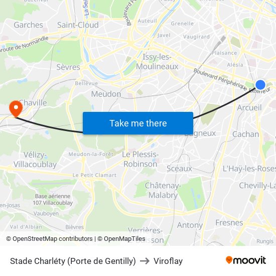 Stade Charléty (Porte de Gentilly) to Viroflay map
