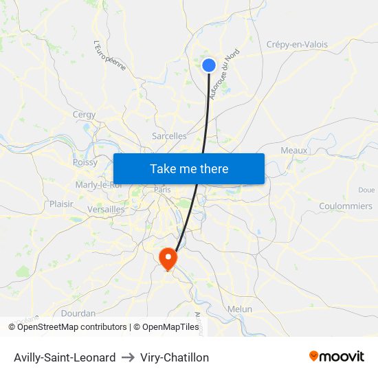 Avilly-Saint-Leonard to Viry-Chatillon map