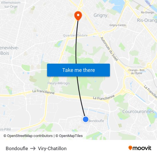 Bondoufle to Viry-Chatillon map