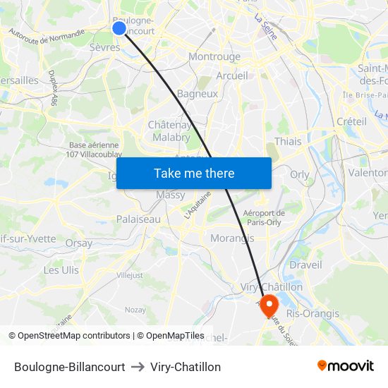 Boulogne-Billancourt to Viry-Chatillon map