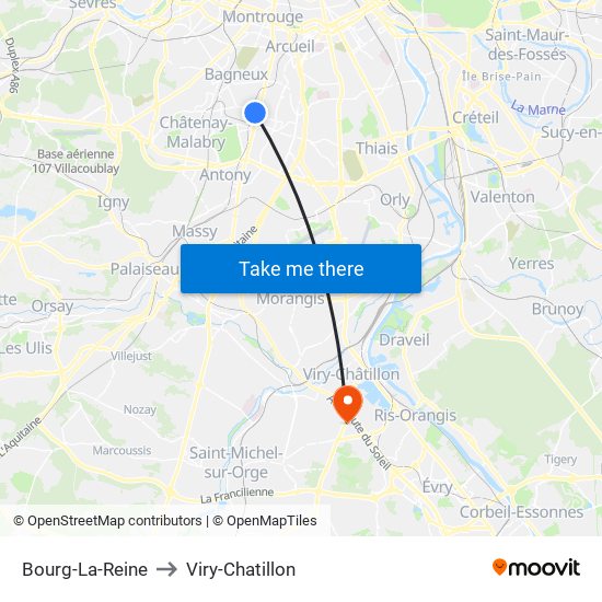 Bourg-La-Reine to Viry-Chatillon map