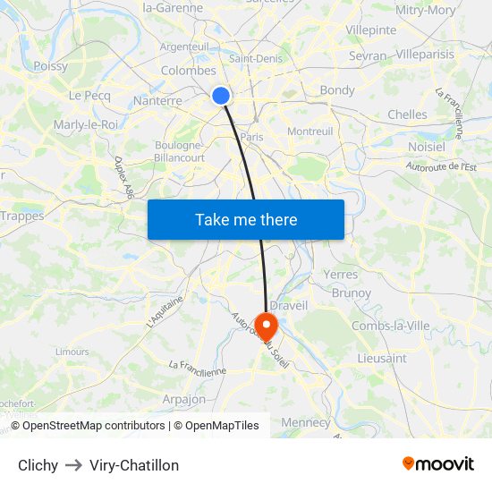 Clichy to Viry-Chatillon map