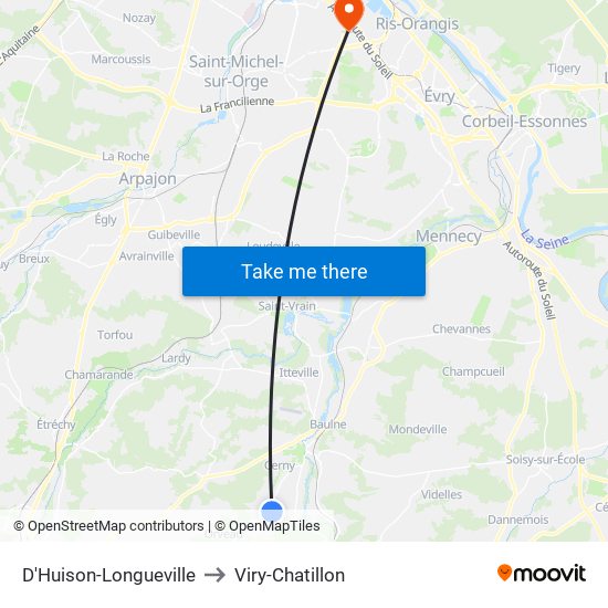 D'Huison-Longueville to Viry-Chatillon map