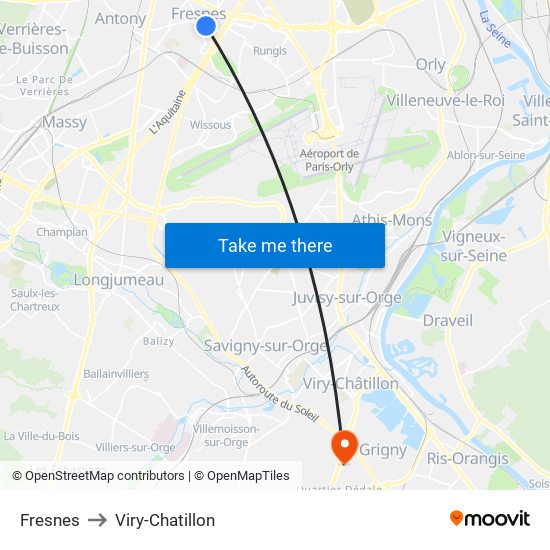 Fresnes to Viry-Chatillon map