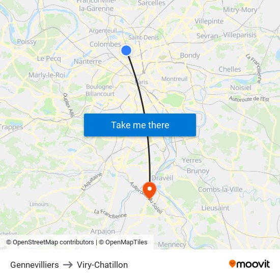 Gennevilliers to Viry-Chatillon map