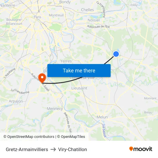 Gretz-Armainvilliers to Viry-Chatillon map