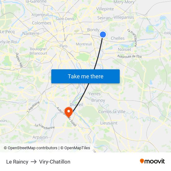 Le Raincy to Viry-Chatillon map