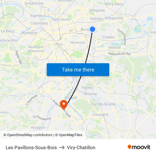 Les Pavillons-Sous-Bois to Viry-Chatillon map